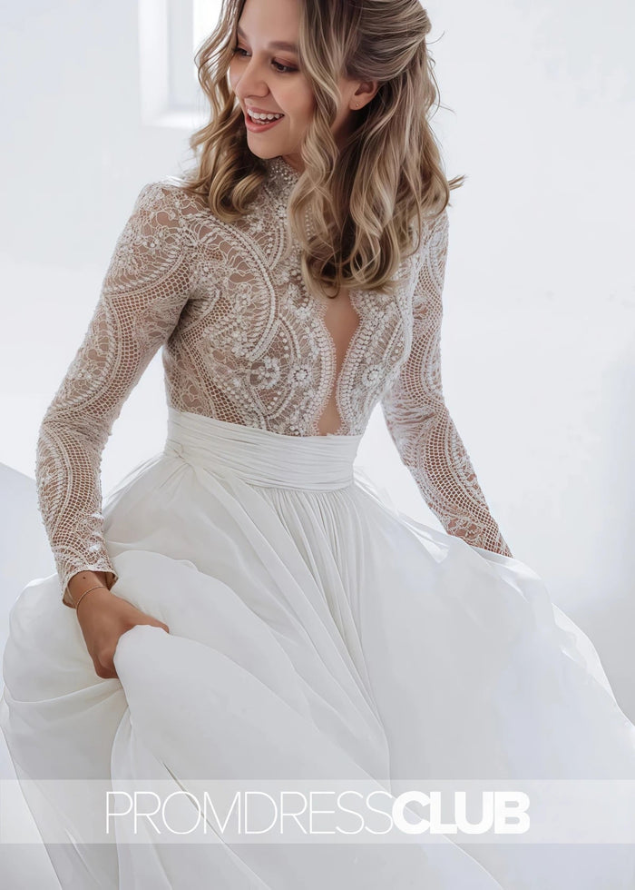 Mag |Long White Wedding Dresses Near Me With Luxurious Lace Beading Long Sleeves A - Line Pleated Tulle - Price #price_variant_lowest# - White - PromDressClub