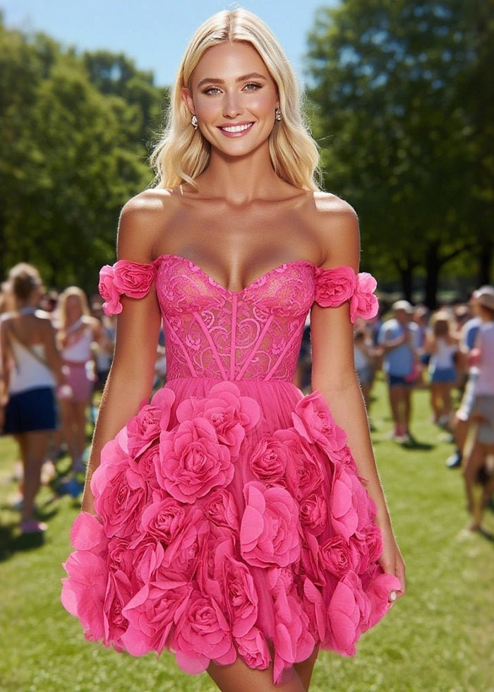 Majestic Glam Hot Pink Off the Shoulder Homecoming Dress with Flower Details Elegant Dance Night - Hot Pink - PromDressClub