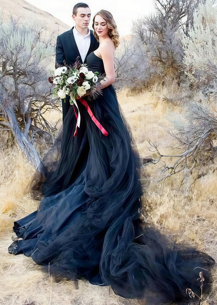 Mamie | Gothic Black Corset Strapless Backless Wedding Dress Train - Black - PromDressClub