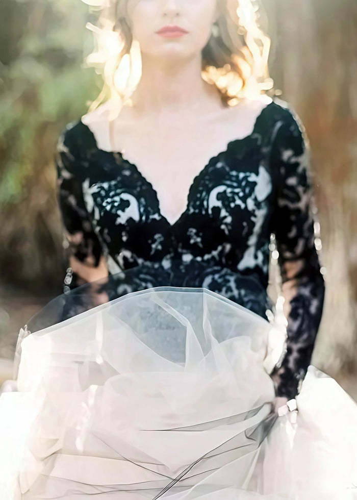 Marcia | Boho Black and White Princess Long Sleeve Backless Wedding Dress - Black - PromDressClub