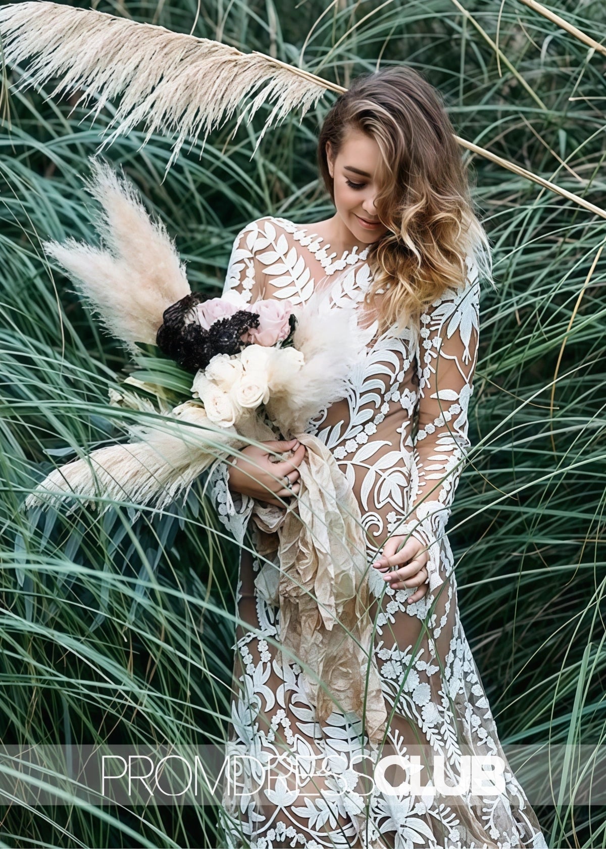 Marcia |Long Sleeve Wedding Dresses White Boho Mermaid Lace with Beach - White - PromDressClub