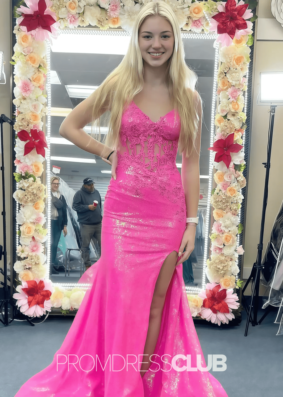 Marguerite |Orange Long Prom Dresses Near Me With Mermaid V Neck Sequins Slit - Price #price_variant_lowest# - Hot Pink - PromDressClub