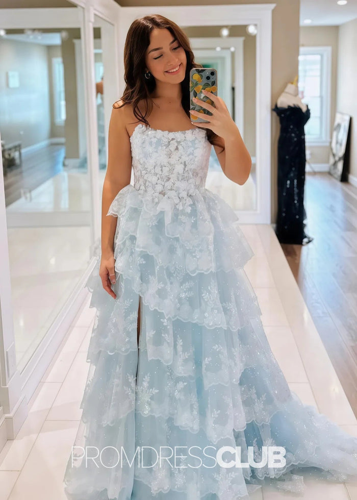 Marian |Red Long Prom Dresses Near Me With A Line Strapless Ruffle Sequin Lace - Price #price_variant_lowest# - Sky Blue - PromDressClub