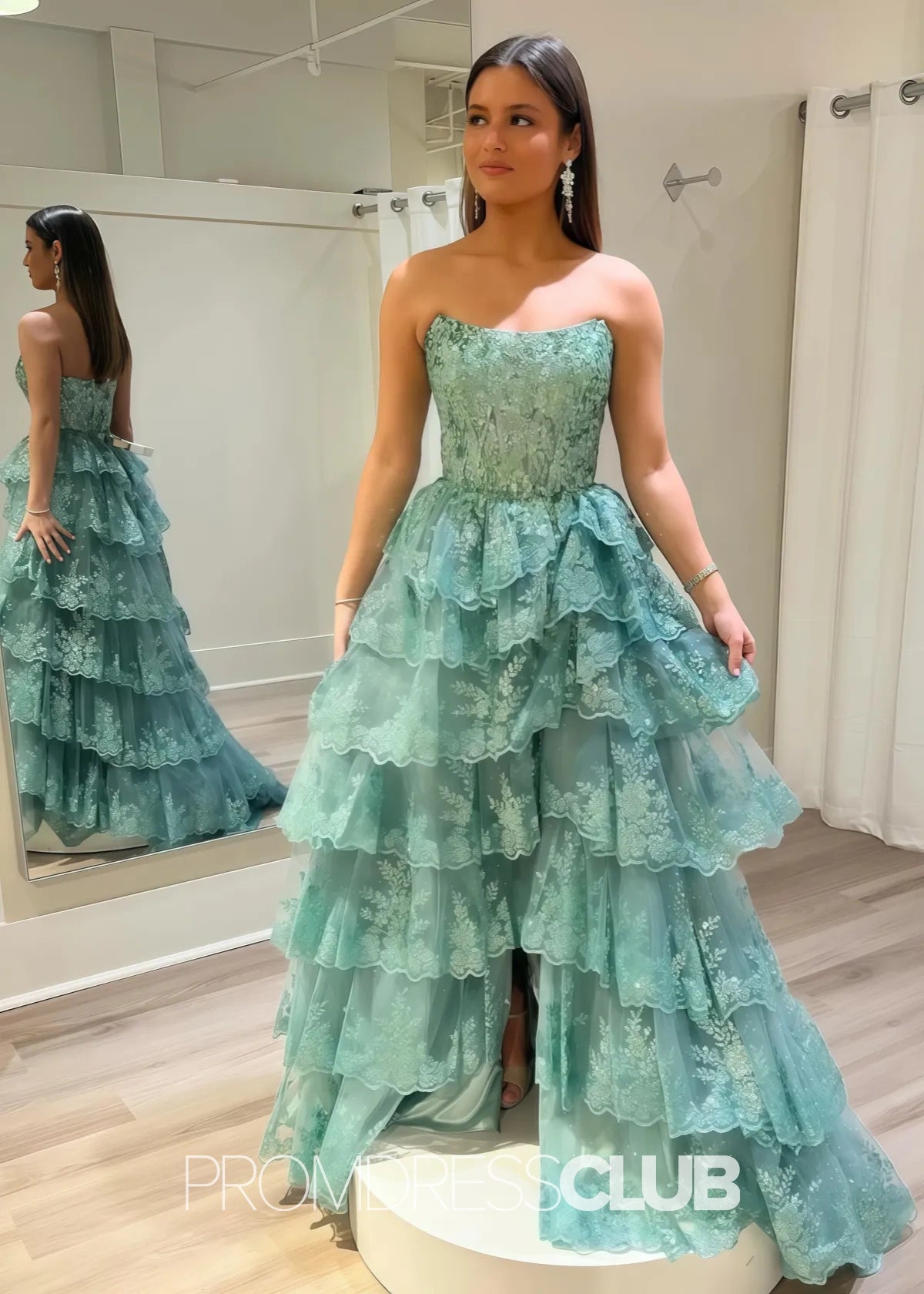 Marian |Red Long Prom Dresses Near Me With A Line Strapless Ruffle Sequin Lace - Teal - US0 - PromDressClub