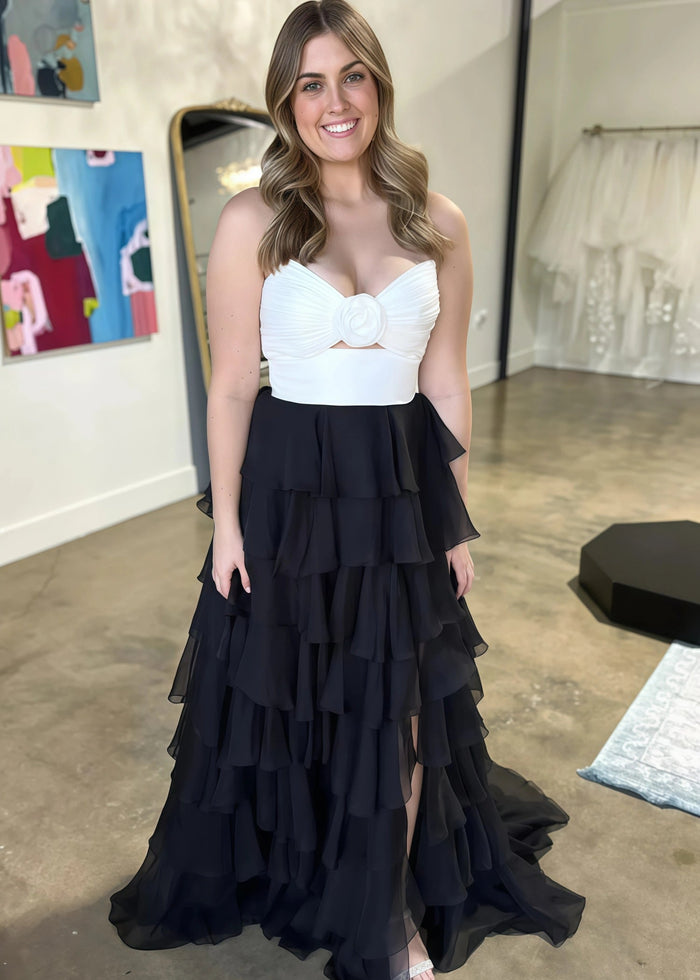 Marjorie | A - Line Sweetheart Chiffon Tiered Long Royal Blue Prom Dress with Slit - Black White - PromDressClub