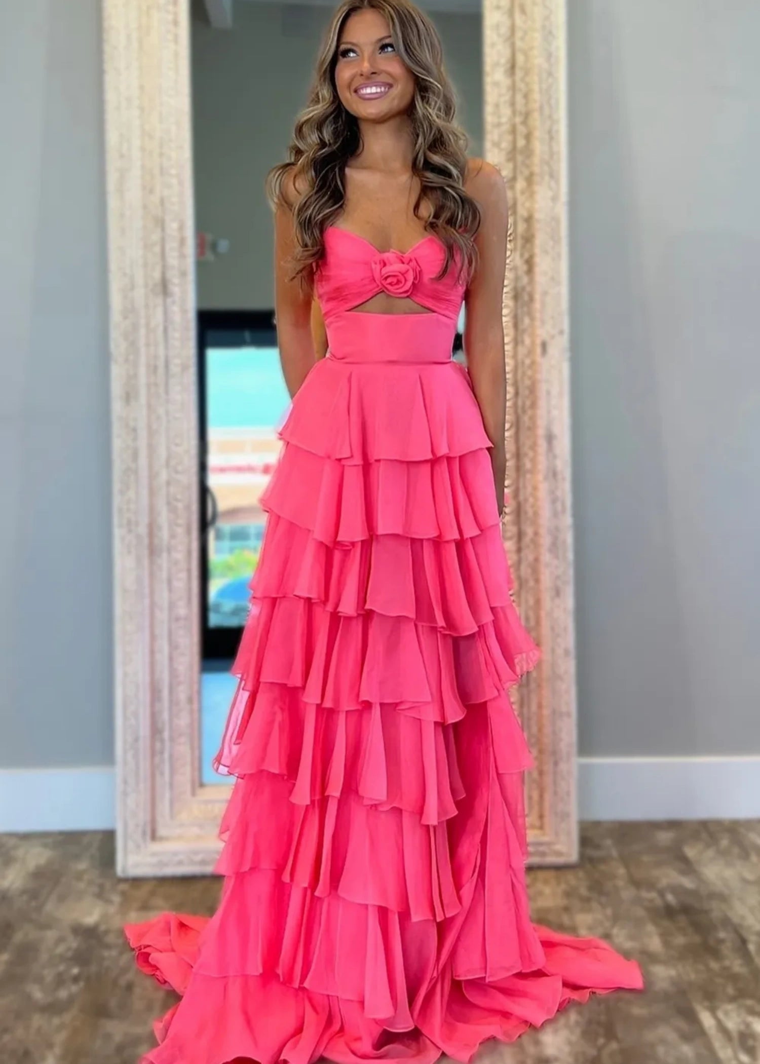 Marjorie | A - Line Sweetheart Chiffon Tiered Long Royal Blue Prom Dress with Slit - Coral - US0 - PromDressClub