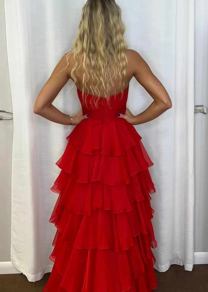 Marjorie | A - Line Sweetheart Chiffon Tiered Long Royal Blue Prom Dress with Slit - Red - PromDressClub