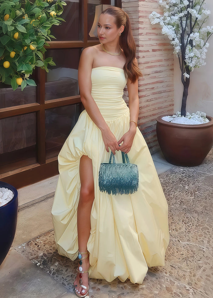 Marn Strapless Prom Dress Yellow | A - Line Pleated Wedding Guest Dress with Slit - Yellow - PromDressClub