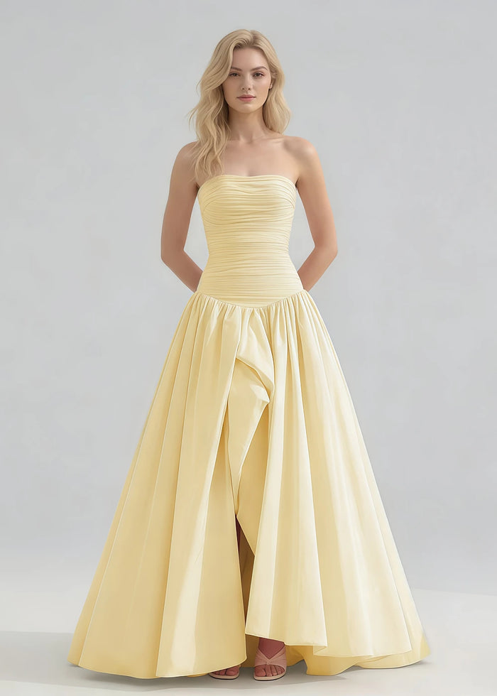 Marn Strapless Prom Dress Yellow | A - Line Pleated Wedding Guest Dress with Slit - Yellow - PromDressClub