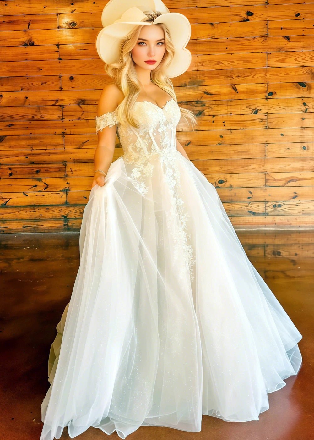 Martha | Boho Black and White Off the Shoulder Sweetheart Neck Wedding Dress with Long Train - White - PromDressClub