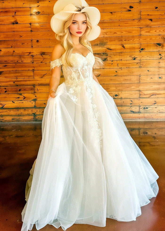 Martha | Boho Black and White Off the Shoulder Sweetheart Neck Wedding Dress with Long Train - White - PromDressClub