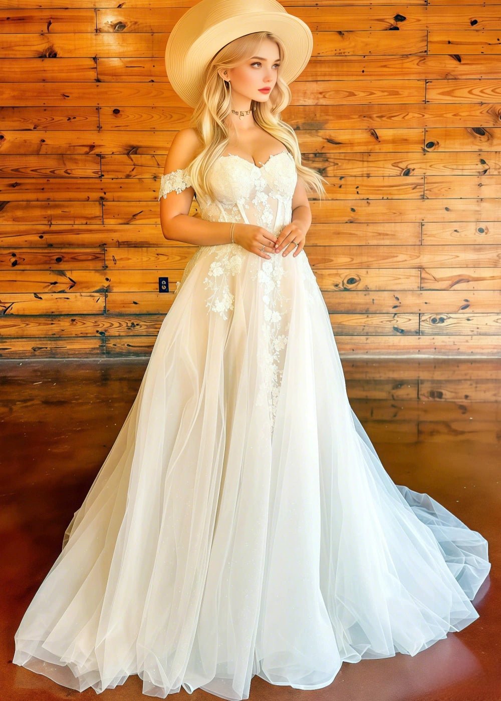 Martha | Boho Black and White Off the Shoulder Sweetheart Neck Wedding Dress with Long Train - White - PromDressClub