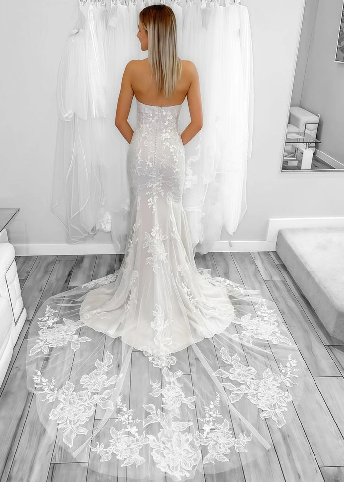Martha | Stunning Mermaid Strapless Sweetheart Neck Lace Wedding Dress with Long Train - White - PromDressClub