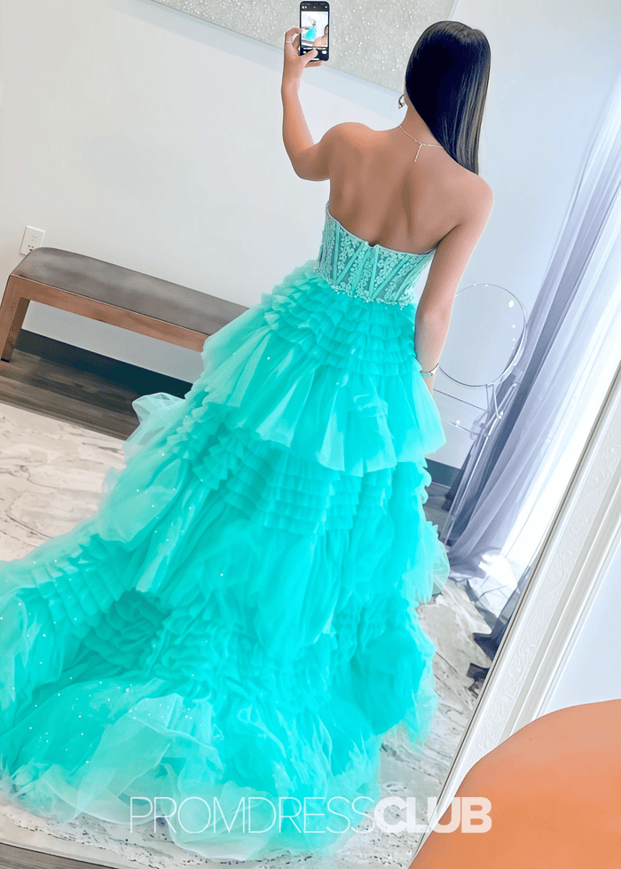 Mary | A Line Lace Appliques Tiered White Maxi Formal Dress Stores Near Me - Price #price_variant_lowest# - Aqua - PromDressClub