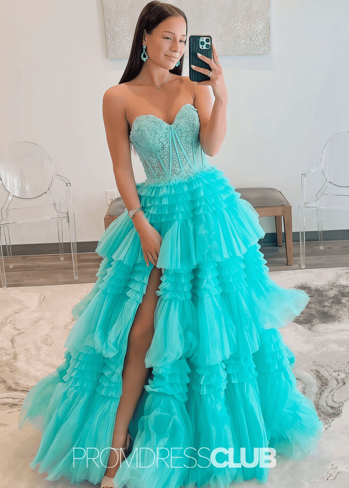 Mary | A Line Lace Appliques Tiered White Maxi Formal Dress Stores Near Me - Price #price_variant_lowest# - Aqua - PromDressClub