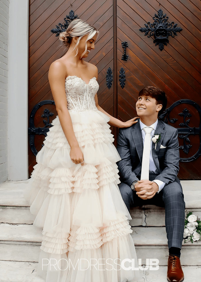 Mary | A Line Lace Appliques Tiered White Maxi Formal Dress Stores Near Me - Price #price_variant_lowest# - Champagne - PromDressClub