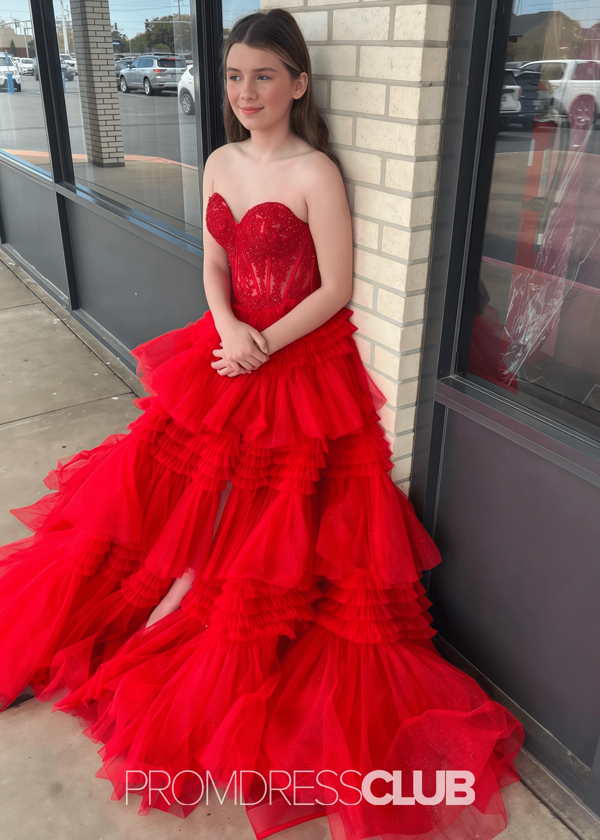 Mary | A Line Lace Appliques Tiered White Maxi Formal Dress Stores Near Me - Red - PROMDRESS Club