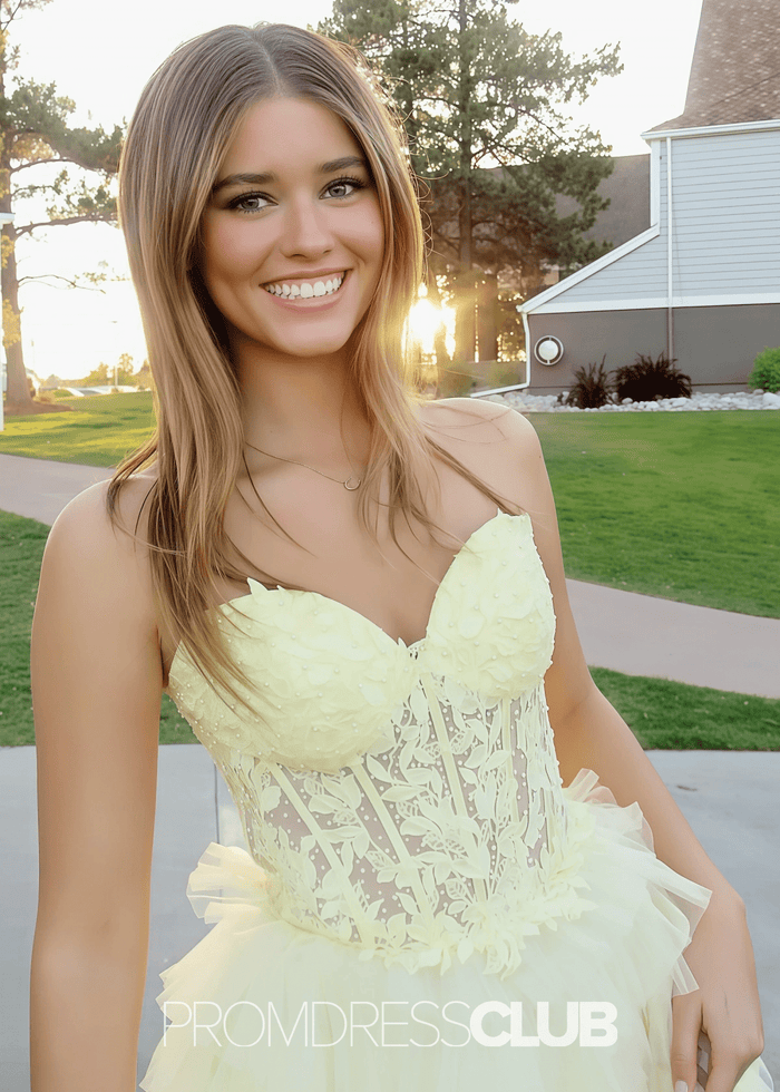 Mary | A Line Lace Appliques Tiered White Maxi Formal Dress Stores Near Me - Price #price_variant_lowest# - Yellow - PromDressClub