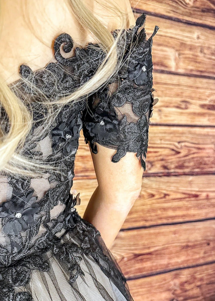 Mary | Black and White Off the Shoulder Strapless Lace Wedding Dress without Train - Black - PromDressClub