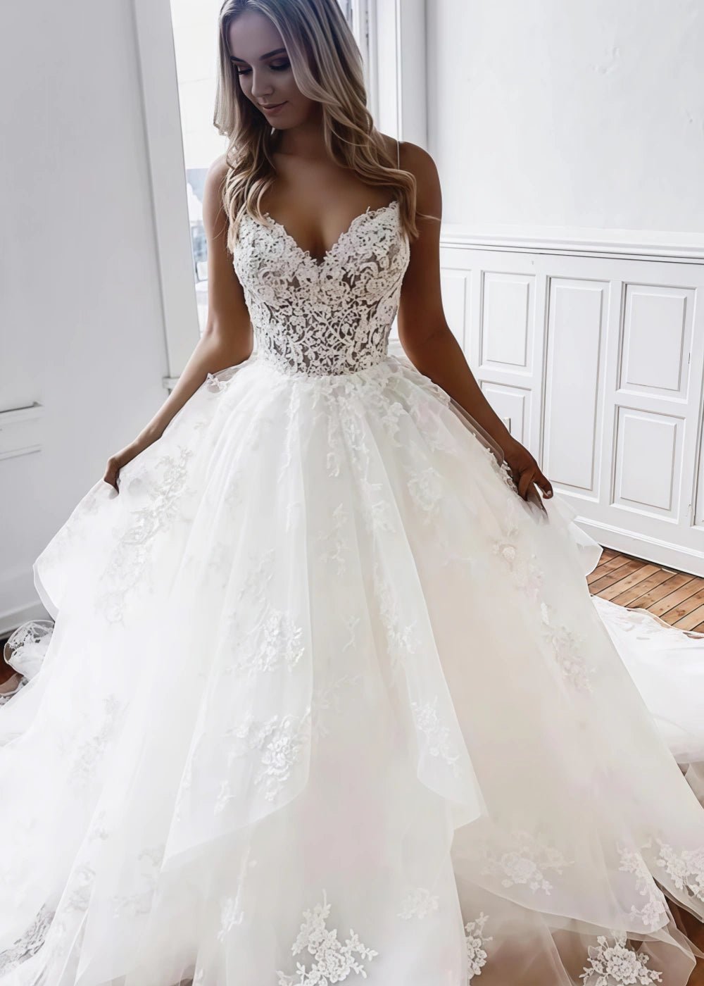 Mary | Exquisite A - Line/Princess Spaghetti Strap V - Neck Lace and Tulle Wedding Dress Long Train - White - PromDressClub