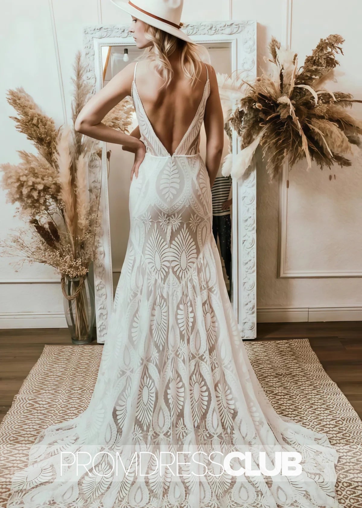 Mary |Long Beach Wedding Dresses Near Me With Floral Mermaid V Neck Plunging Boho Lace Sweep Train - Price #price_variant_lowest# - White - PromDressClub