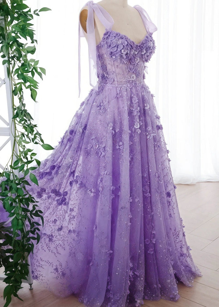 Matilda | Gorgeous A Line Purple Flower Corset Prom Dress with Bow - Purple Floral - PromDressClub
