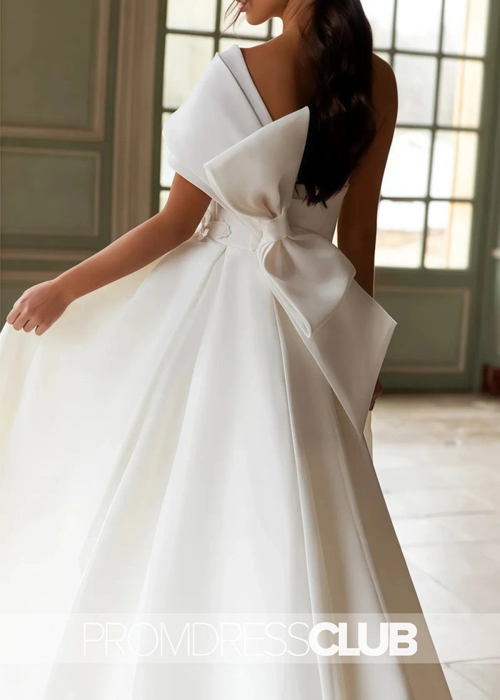 Maud |Long Fall Wedding Dresses Near Me With A - Line One - Shoulder Organza Sweep Train Appliques Lace - Price #price_variant_lowest# - White - PromDressClub