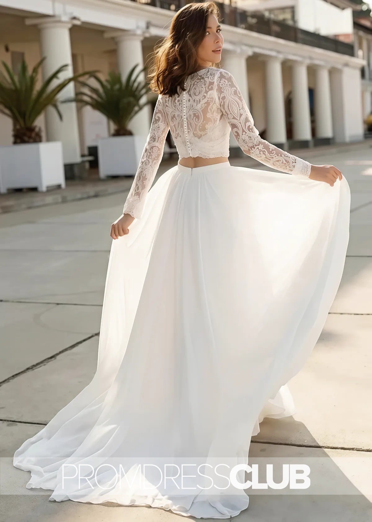 Maureen |Fall Long Wedding Dresses Near Me With Two Piece V - neck Sweep Train Lace Long Sleeves - White - US0 - PromDressClub