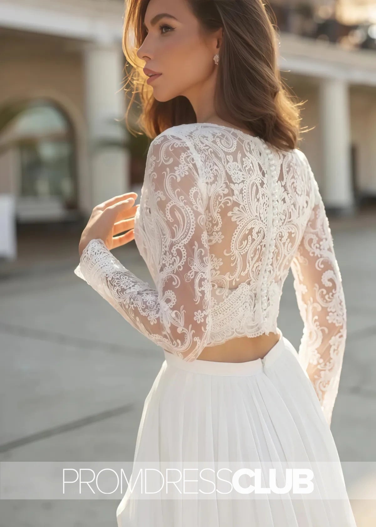 Maureen |Fall Long Wedding Dresses Near Me With Two Piece V - neck Sweep Train Lace Long Sleeves - White - US0 - PromDressClub