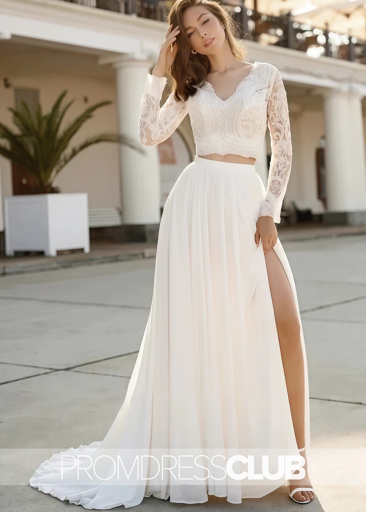 Maureen |Fall Long Wedding Dresses Near Me With Two Piece V - neck Sweep Train Lace Long Sleeves - White - US0 - PromDressClub