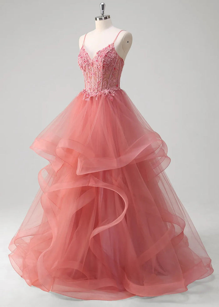 Mavis | A - Line Spaghetti Straps Tulle Tiered Long Corset Coral Prom Dress with Appliques - Coral - PromDressClub