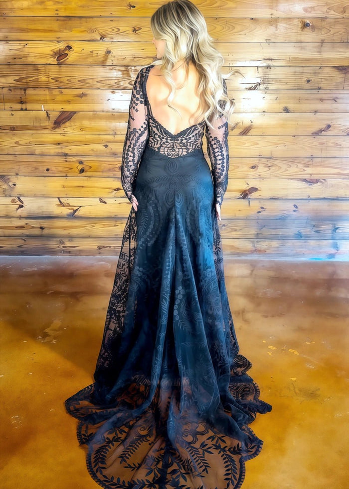 Mavis | Modest Black Long Sleeve High Neck Lace Wedding Dress Under $500 - Black - PromDressClub