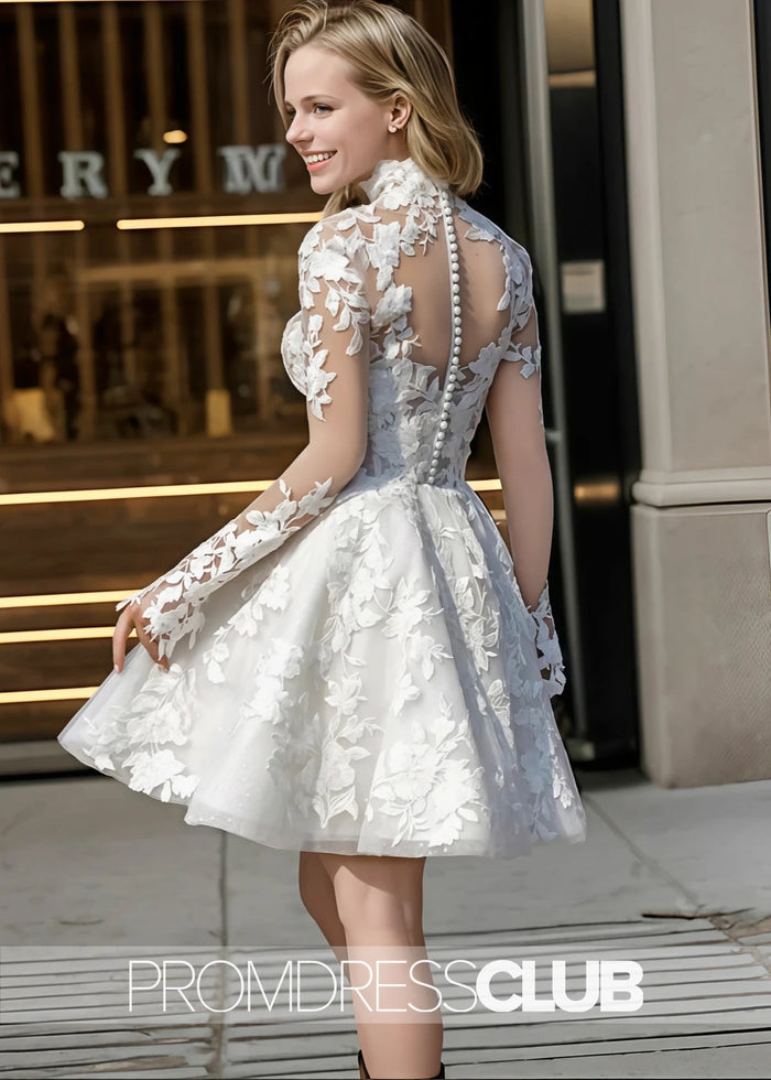 Mavis |Short White Wedding Dresses Near Me With A - Line Illusion Neck Long Sleeves Lace - Price #price_variant_lowest# - White - PromDressClub