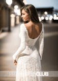 Maxine |Long White Wedding Dresses Near Me With Vintage Floral Boho Lace Sleeves Modest Boat Neck Low - V Back Princess Bridal Gown - White - US0 - PromDressClub