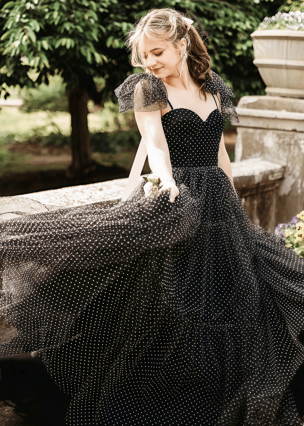 May | A Line Polk Dots Black Tulle Long Prom Dress Near Me - Black - PROMDRESS Club