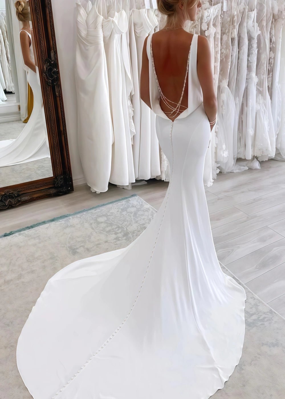 May | Stunning V Neck Mermaid Backless Satin Wedding Dress with Long Train - White - PromDressClub