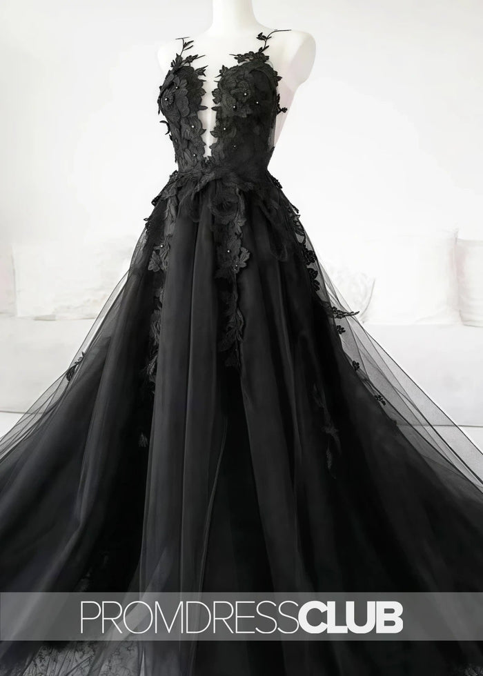 Megan |Long Black Wedding Dresses Near Me With Sexy Black Lace Appliques Sleeveless Tulle Backless Veil - Price #price_variant_lowest# - Black - PromDressClub