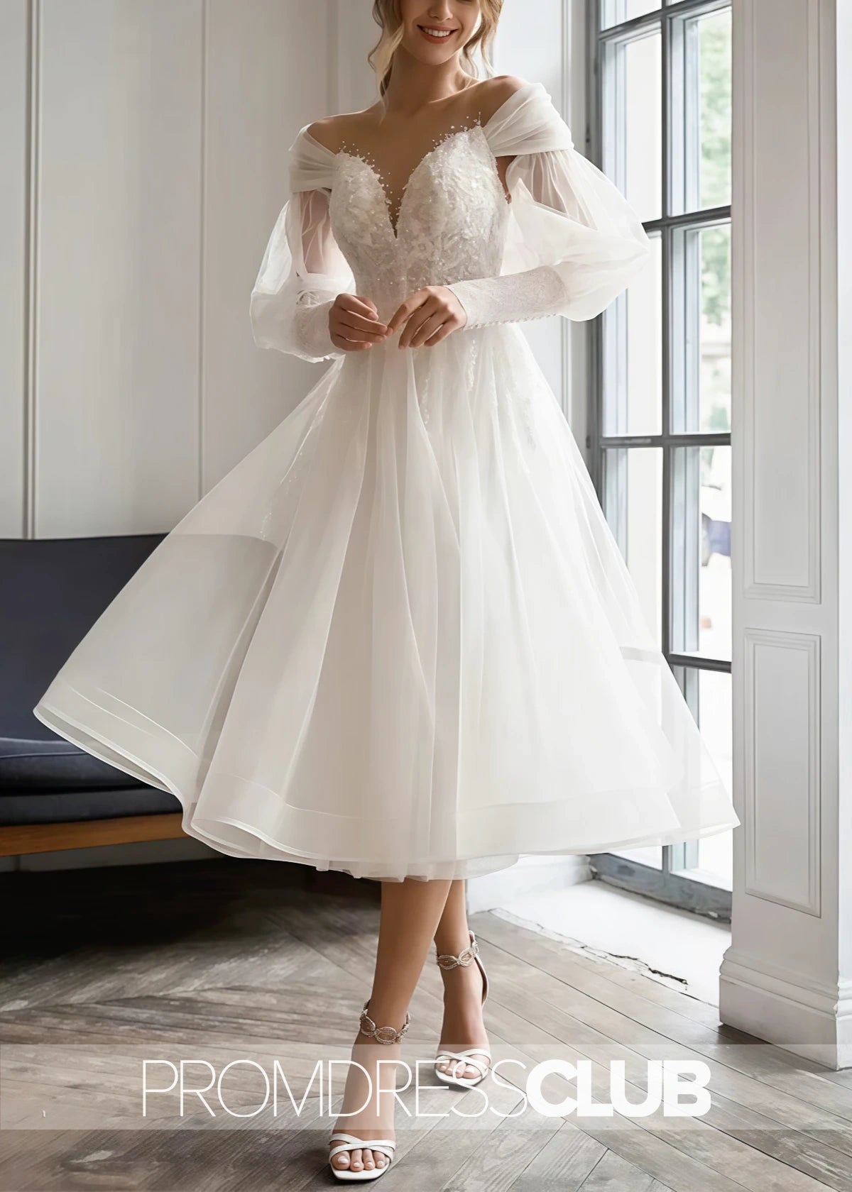 Melissa |Short White Wedding Dresses Near Me With A - Line Sweetheart Long Sleeves Elegant Tulle Appliques Lace - White - US0 - PromDressClub