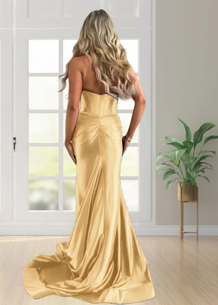 Sophia | Navy Blue Mermaid Halter Pleated Prom Dress Split - Gold - PromDressClub