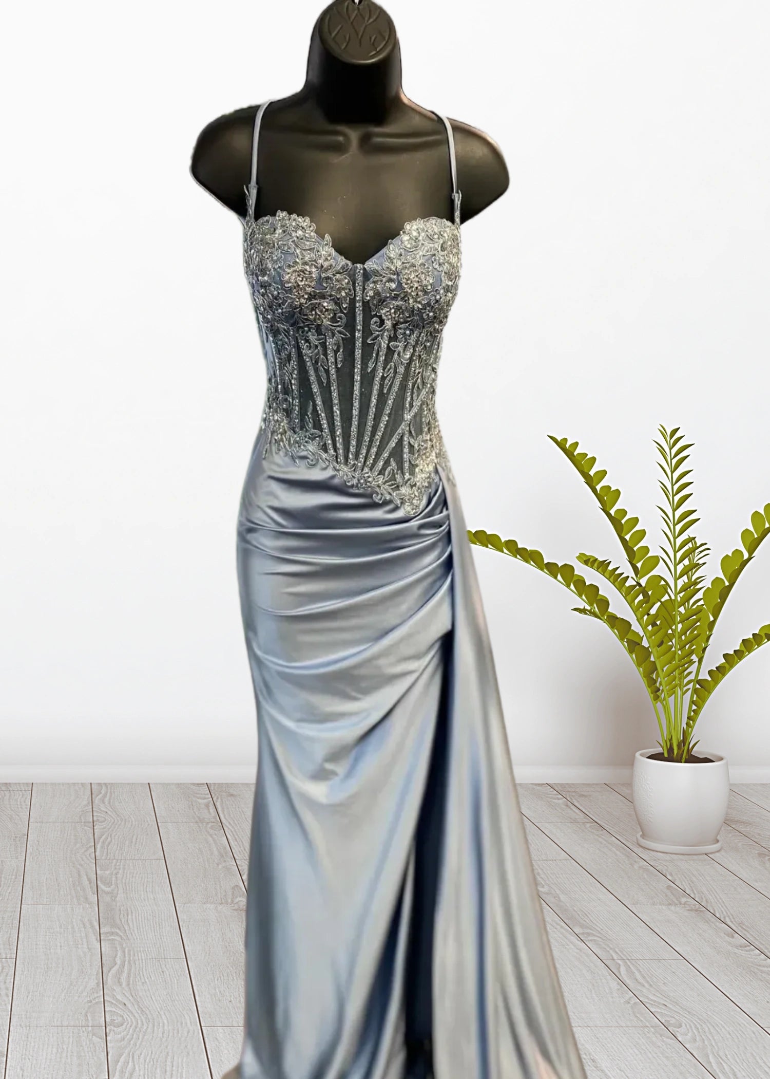 Mermaid Silver Spaghetti Straps Corset Long Prom Dress with Appliques - Green - US0 - PromDressClub