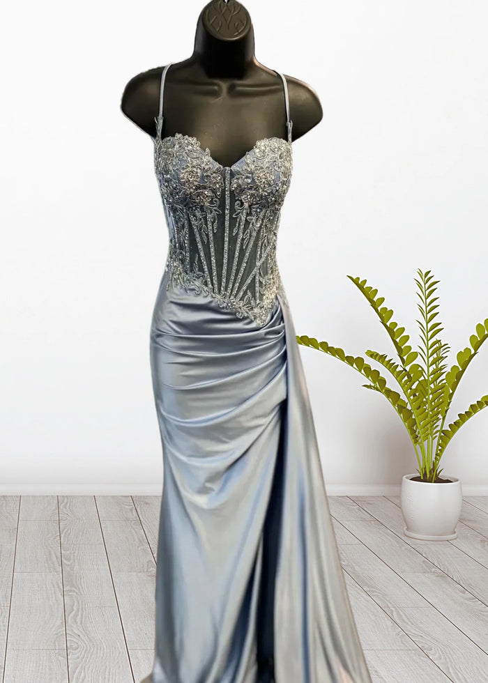 Paula | Silver Emerald Green Mermaid Corset Pleated Satin Formal Dress with Train - Dusty Blue - PromDressClub