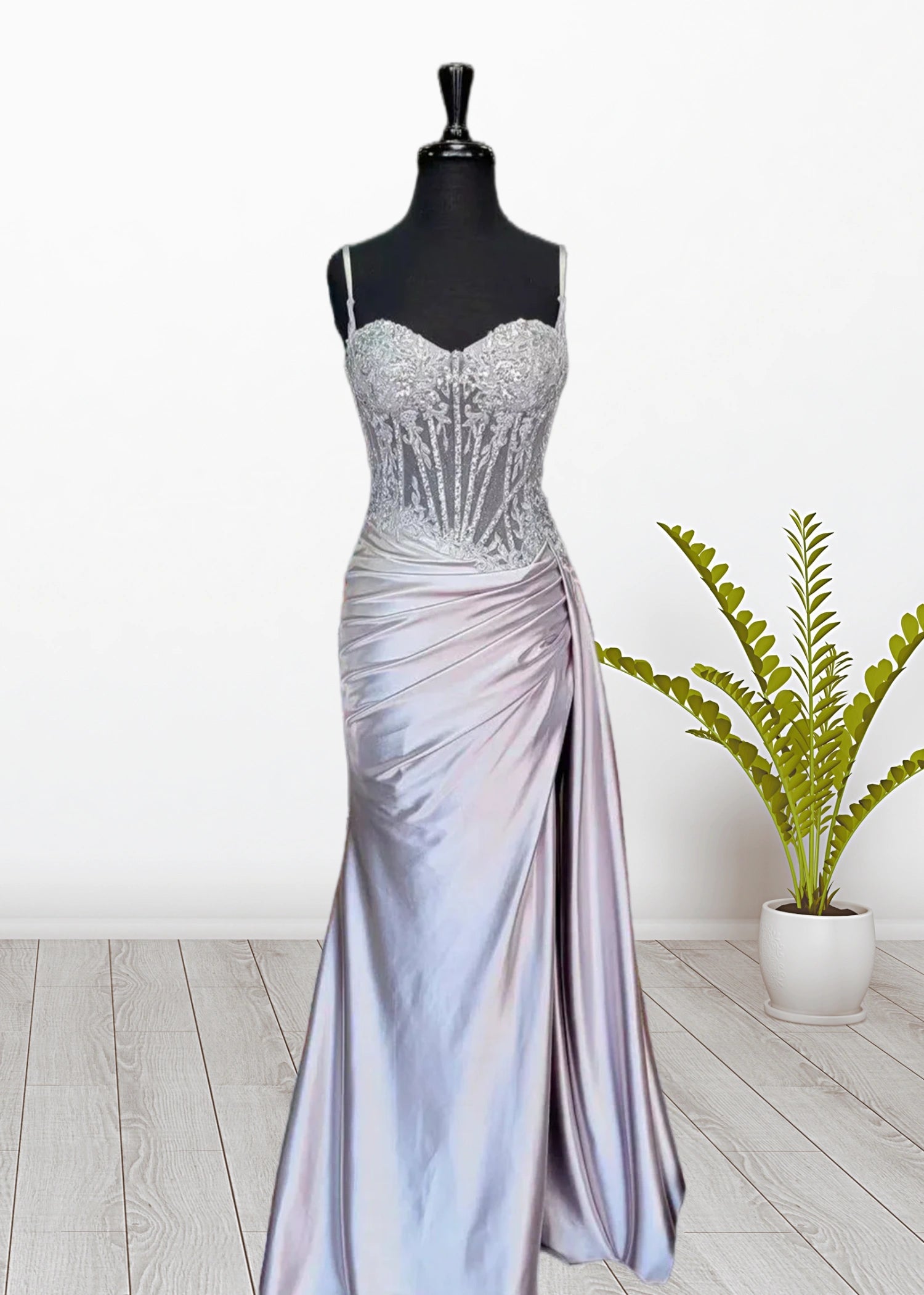 Mermaid Silver Spaghetti Straps Corset Long Prom Dress with Appliques - Green - US0 - PromDressClub