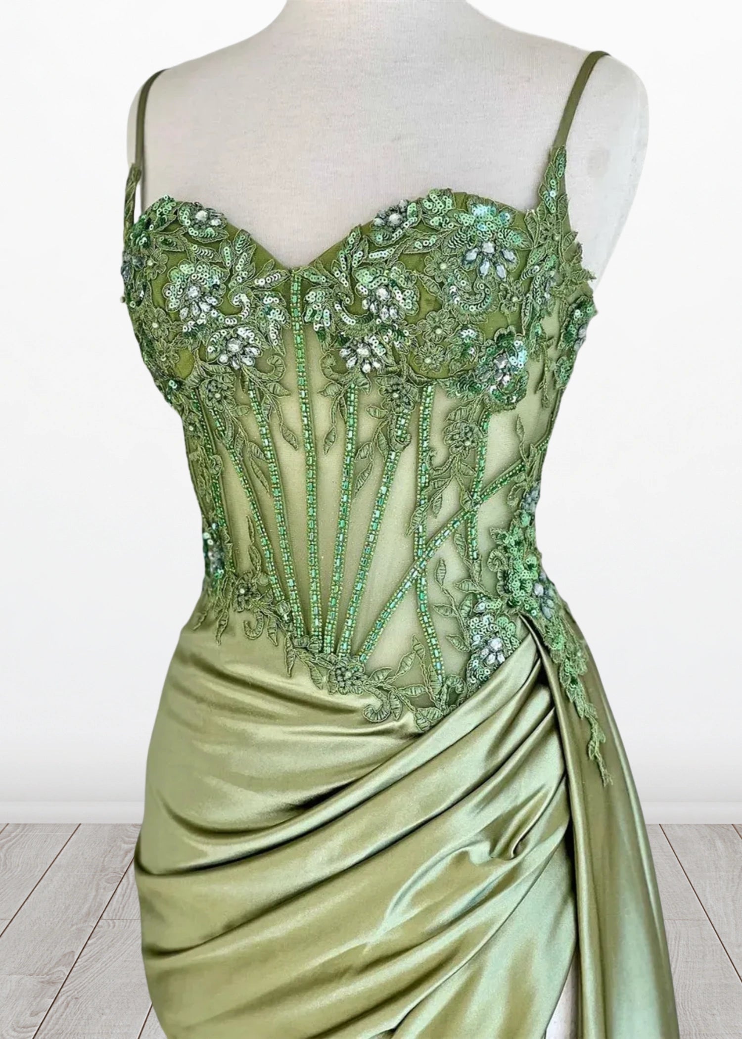 Mermaid Silver Spaghetti Straps Corset Long Prom Dress with Appliques - Green - US0 - PromDressClub