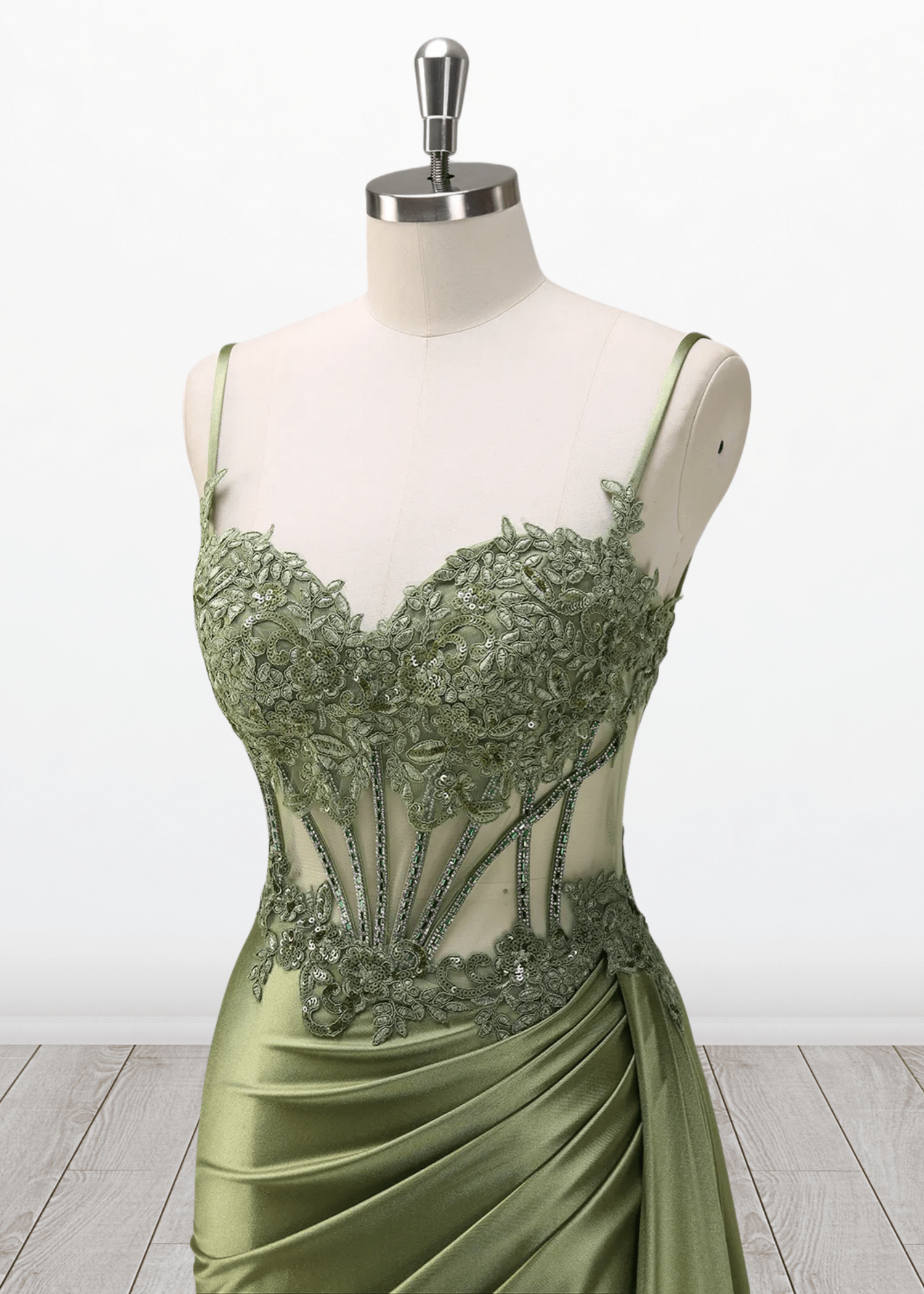 Mermaid Silver Spaghetti Straps Corset Long Prom Dress with Appliques - Green - US0 - PromDressClub