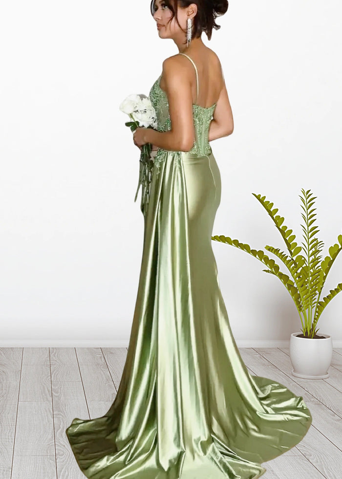 Paula | Silver Emerald Green Mermaid Corset Pleated Satin Formal Dress with Train - Sage - PromDressClub