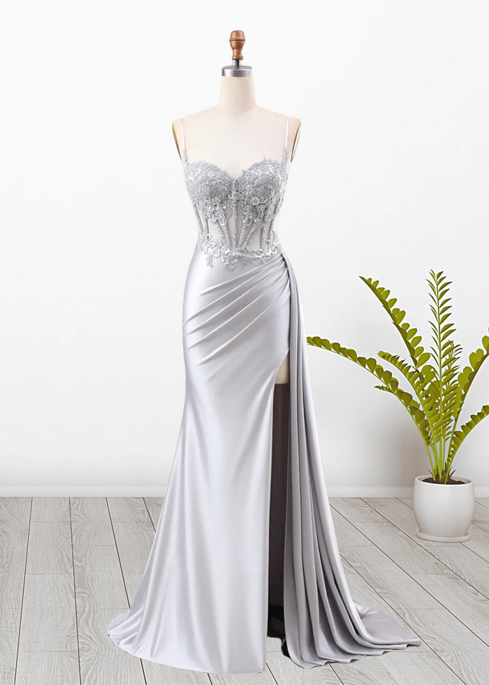 Paula | Silver Emerald Green Mermaid Corset Pleated Satin Formal Dress with Train - Silver - PromDressClub