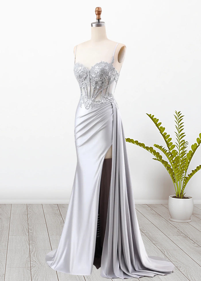 Paula | Silver Emerald Green Mermaid Corset Pleated Satin Formal Dress with Train - Silver - PromDressClub