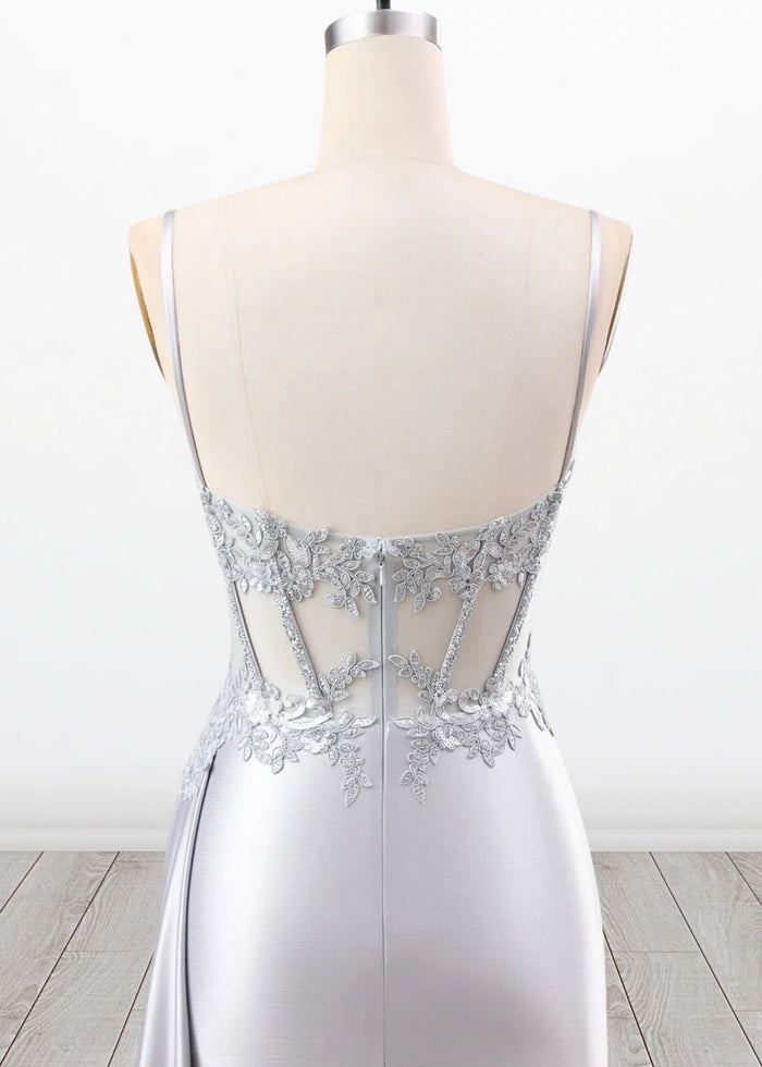 Paula | Silver Emerald Green Mermaid Corset Pleated Satin Formal Dress with Train - Silver - PromDressClub