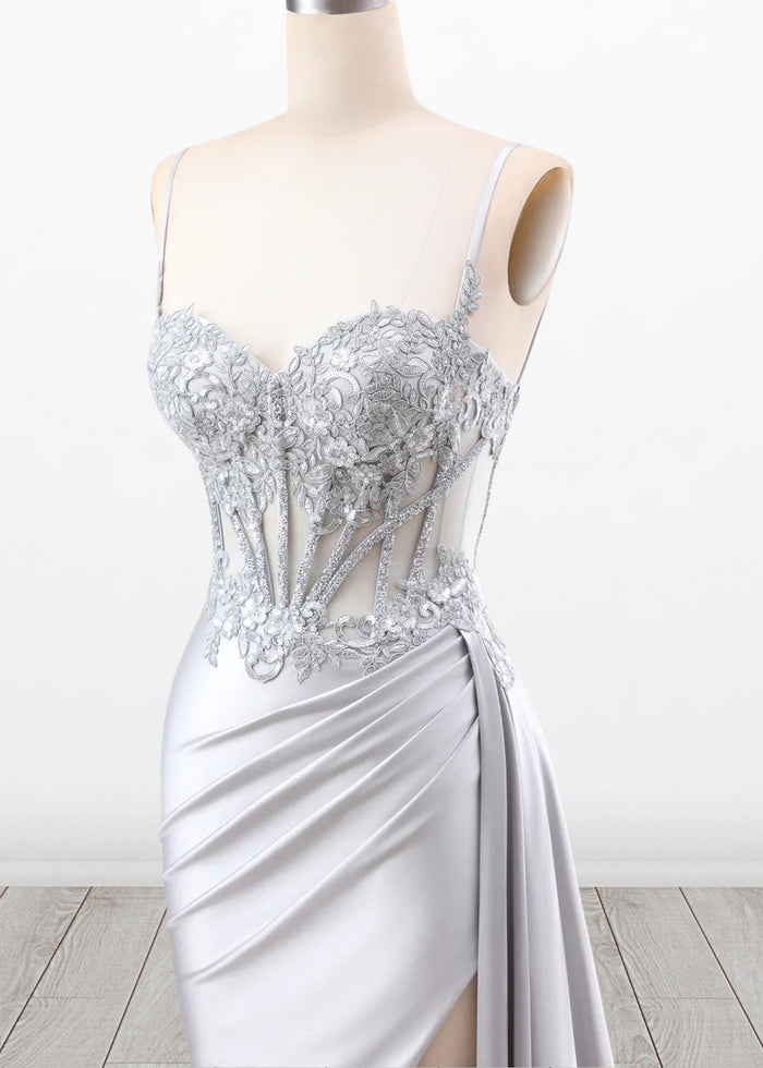 Paula | Silver Emerald Green Mermaid Corset Pleated Satin Formal Dress with Train - Silver - PromDressClub