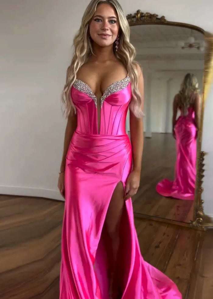 Susan | Fuchsia Mermaid Beaded Satin Prom Dress with Train - Fuchsia - PromDressClub